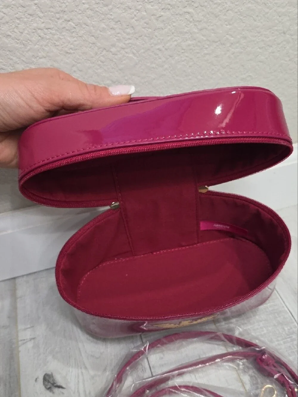 Emporio Armani Fuchsia Patent Cosmetic Case with Gold Hardware